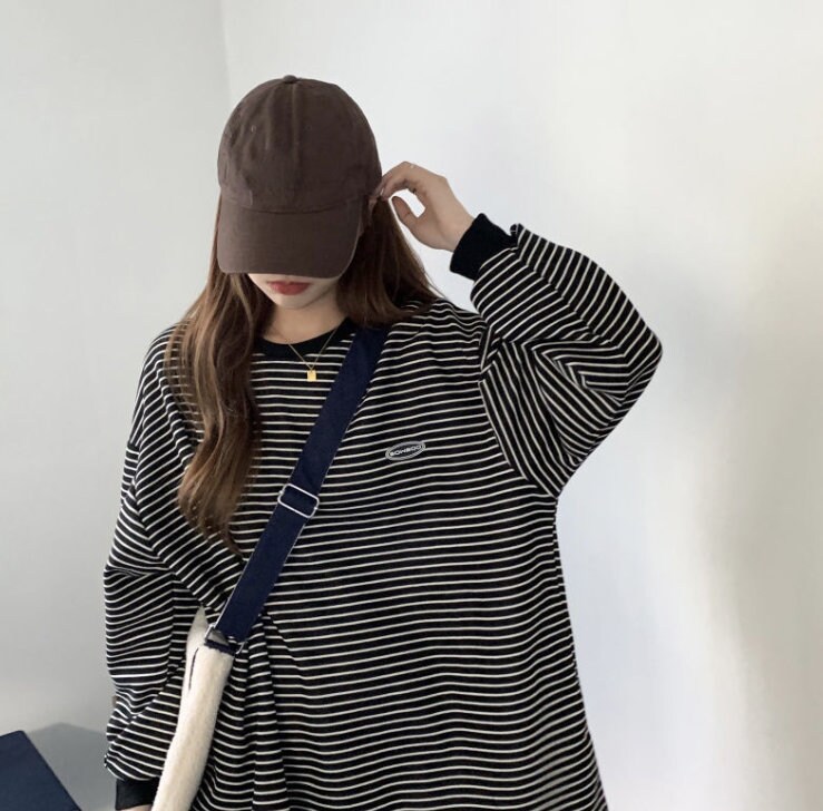Striped Retro T Shirt Oversized Long Sleeve Tee Casual Top