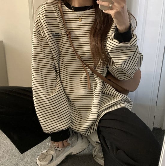 Striped Retro T Shirt Oversized Long Sleeve Tee Casual Top