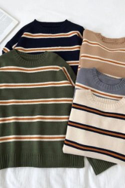 Striped Sweater Vintage Knitted Sweater Brown Streetwear Sweater Casual Pullover Korean Style Sweater Dark Academia