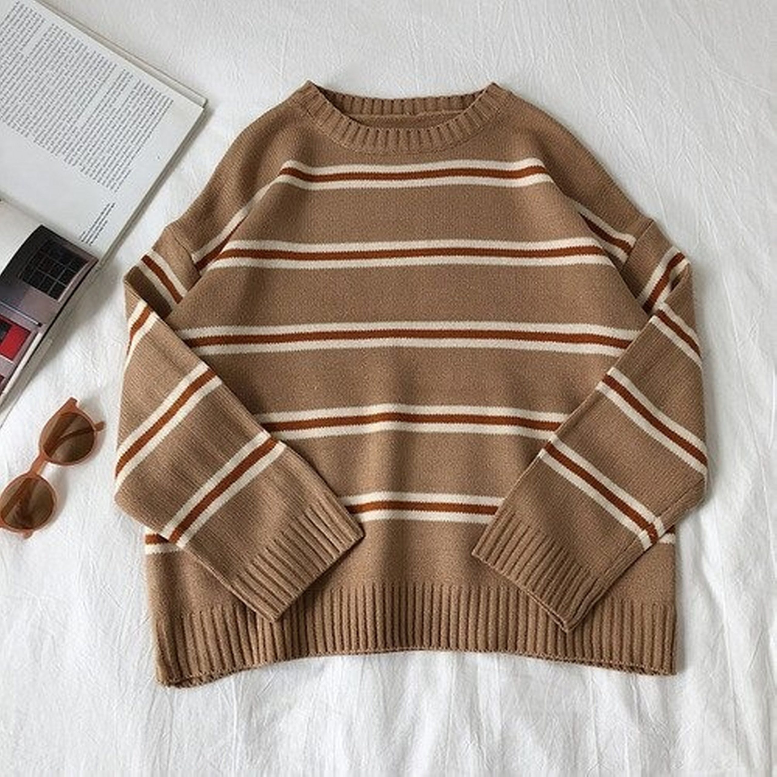 Striped Sweater Vintage Knitted Sweater Brown Streetwear Sweater Casual Pullover Korean Style Sweater Dark Academia