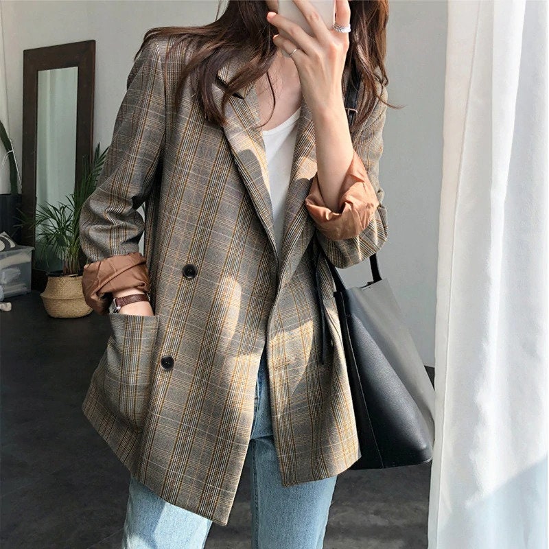 Suit Dark Academia Clothing Retro Double Breasted Office Jacket For Ladies Loose Coat Plaid Blazer Summer For Your Minimal Style