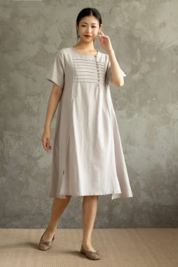 Summer Cotton Dress Casual Loose Tunics Short Sleeves Shirt Robes Knee Dresses Customized Casual Handmade Dress Plus Size Clothes Linen