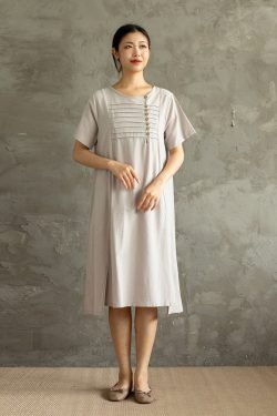Summer Cotton Dress Casual Loose Tunics Short Sleeves Shirt Robes Knee Dresses Customized Casual Handmade Dress Plus Size Clothes Linen