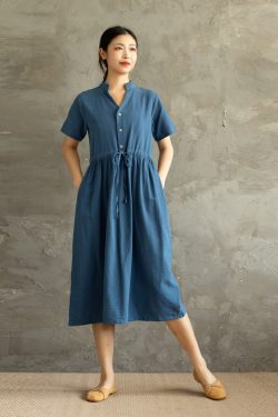 Summer Cotton Dress Casual Loose Tunics Short Sleeves V Neck Shirt Robes Midi Dresses Customized Dress Plus Size Clothes Linen