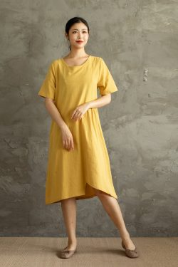 Summer Cotton Dress Casual Loose Tunics Short Sleeves V Neck Shirt Robes Midi Dresses Customized Dress Plus Size Clothes Linen Dress