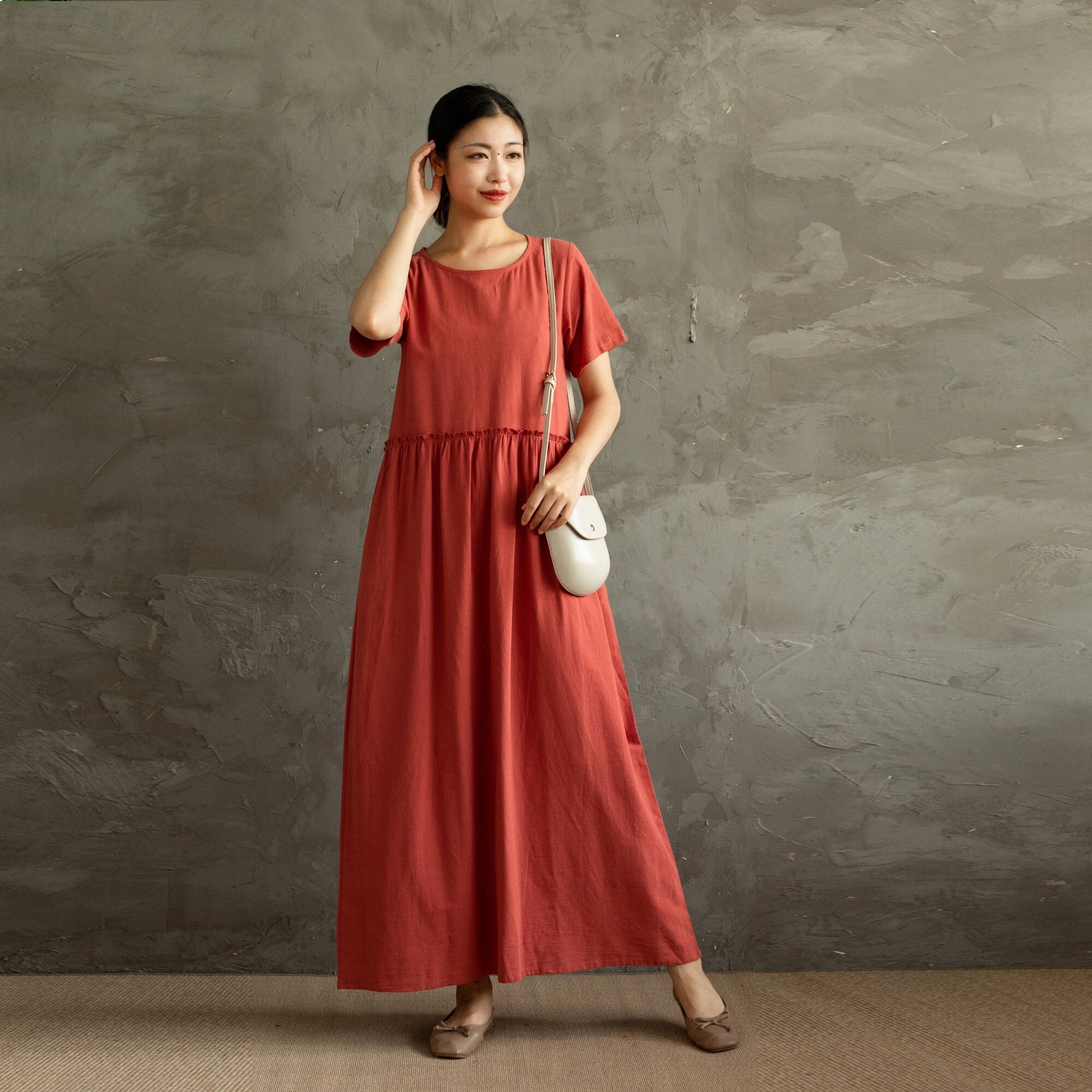 Summer Cotton Dress Soft Casual Loose Tunics Buttons Short Sleeves Robes Maxi Dresses Customized Dress Plus Size Clothing Linen Dress