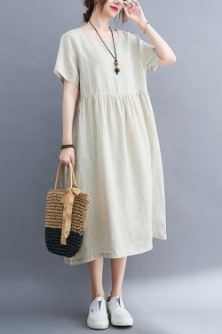 Summer Cotton Dress Soft Casual Loose Tunics Short Sleeves Robes V Neck Midi Dresses Customized Dress Plus Size Clothing Linen