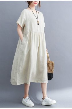 Summer Cotton Dress Soft Casual Loose Tunics Short Sleeves Robes V Neck Midi Dresses Customized Dress Plus Size Clothing Linen