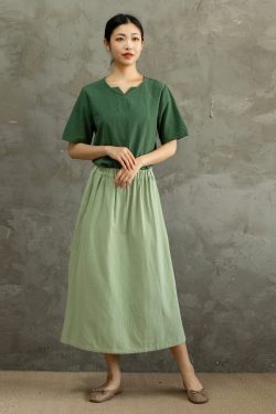 Summer Cotton Skirts A Line Pleated Elastic Waist Skirt Flared Casual Loose Midi Skirts Customized Plus Size Skirt Boho Linen