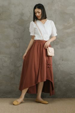 Summer Cotton Skirts A Line Pleated Irregular Elastic Waist Skirt Flared Midi Skirts Customized Plus Size Skirt Boho Linen