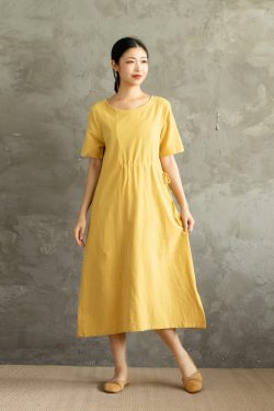 Summer Dress Cotton Dress Shirt Casual Loose Dress Tunics Short Sleeves Robes Midi Dresses Customized Dress Plus Size Clothing Linen Dress