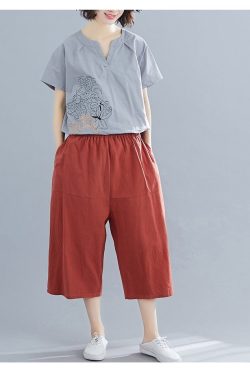 Summer Elastic Waist Cotton Pants Soft Casual Loose Cropped Pant Midi Trousers Wide Leg Skirt Pant Customized Plus Size Pants Linen Shorts