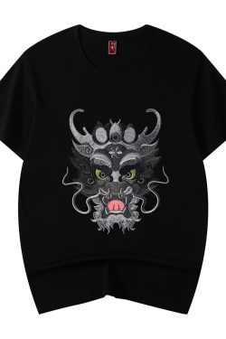 Summer Fashion Dragon Embroidery Tee Shirt Japanese Streetwear Black Crewneck Short Sleeve T Shirt Unisex