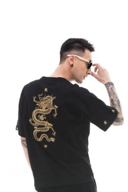 Summer Fashion Dragon Embroidery Tee Shirt Japanese Streetwear Black Kanji Short Sleeve T Shirt