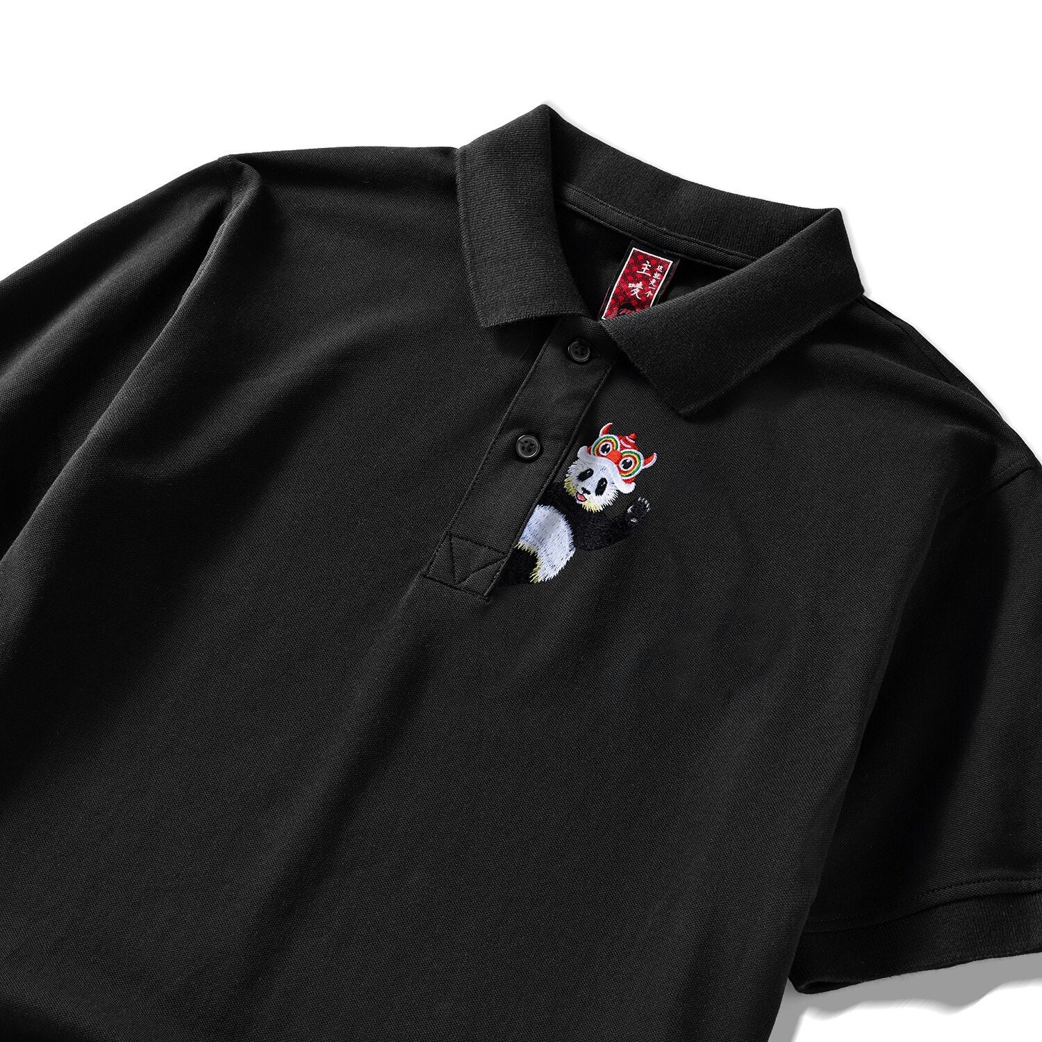 Summer Fashion Panda Embroidery Polo Tee Shirt Japanese Streetwear Breathable Black T Shirt