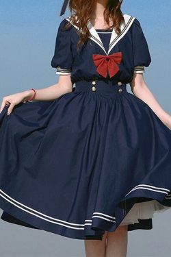 Summer Harajuku Sailor Collar Navy Dress Japanese Women Lolita Sweet Bowknot Girl Retro Kawaii Preppy Style Short Sleeve Dresses