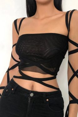 Summer Lace Up Crop Top Unique Sense Abstinence Ties Girl Tie Slim Small Sling Belt Girl Joker Female See Through Vest