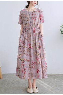 Summer Printed Cotton Dress Floral Casual Loose Robes Short Sleeves Dress Boho Midi Dresses Customize Dress Plus Size Clothes Linen Dress