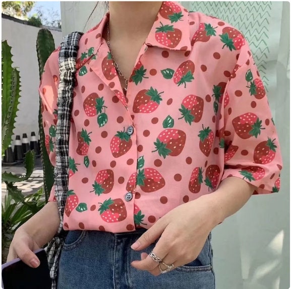 Summer Shirt Fruit T Shirt Strawberry T Shirt Pink Shirt Oversized Shirt Fruit Top Cardigan Shirt Summer Top