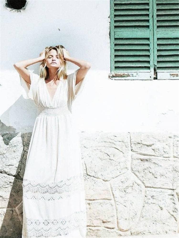 Summer Solid Long Dress Women Bohemian Dresses Sexy Deep V Neck Half Sleeve Holiday Beach White Cotton Dress Sundress Robe Femme