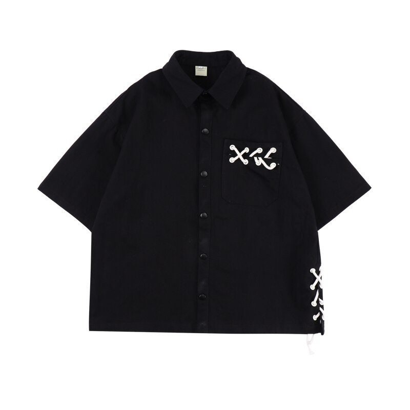 Summer Streetwear Fashion Casual Turndown Collar Shirts Urban Fashion Black Short Sleeve Shirts