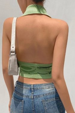 Summer Striped Y2k Tops Halter Knitted Vest For Women Sexy Backless Slim Crop Tops Outfits Female Tank Tops Streetwear