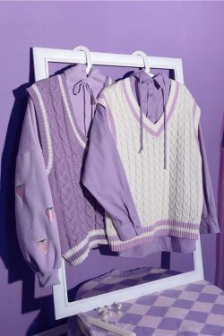 Sweater Vests Women Simple Knitwear Purple White Kawaii Casual Chic Preppy Style Korean All Match Loose Sleeveless Autumn Retro