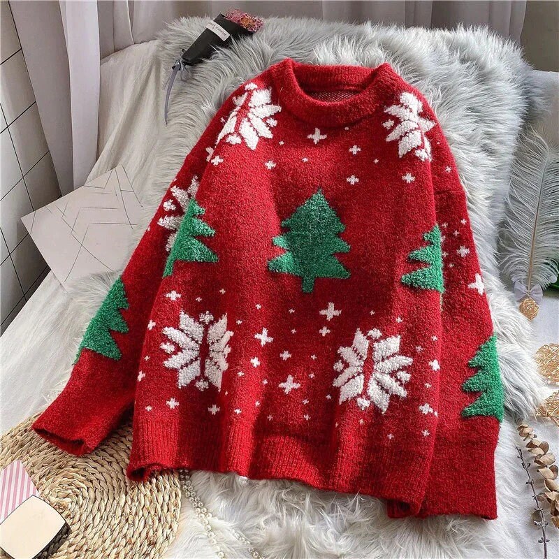 Sweater Women Christmas Red Pullover Knitwear Korean Loose Fluffy Top Trending Sweater Autumn Winter Lazy Wind Round Neck