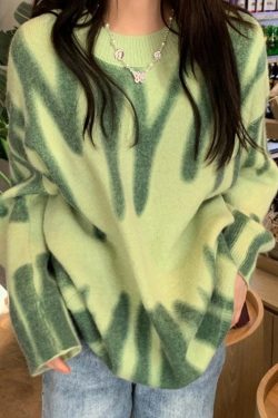 Sweater Women Elegant Green Striped Oversized Pullovers Women Winter Loose Long Sweaters Streetwear Sueter Mujer