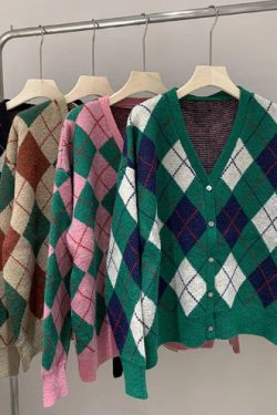 Sweater Women Winter Korean Loose Cardigan Sweater Coat Diamond Plaid Long Sleeve Shirt Knitted Thick Cardigan Women