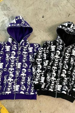 Sweatshirt Black Skull Graphic Long Sleeve Hooded Y2k Aesthetic Hoodie 2000s Gothic Punk Coat Top Zip