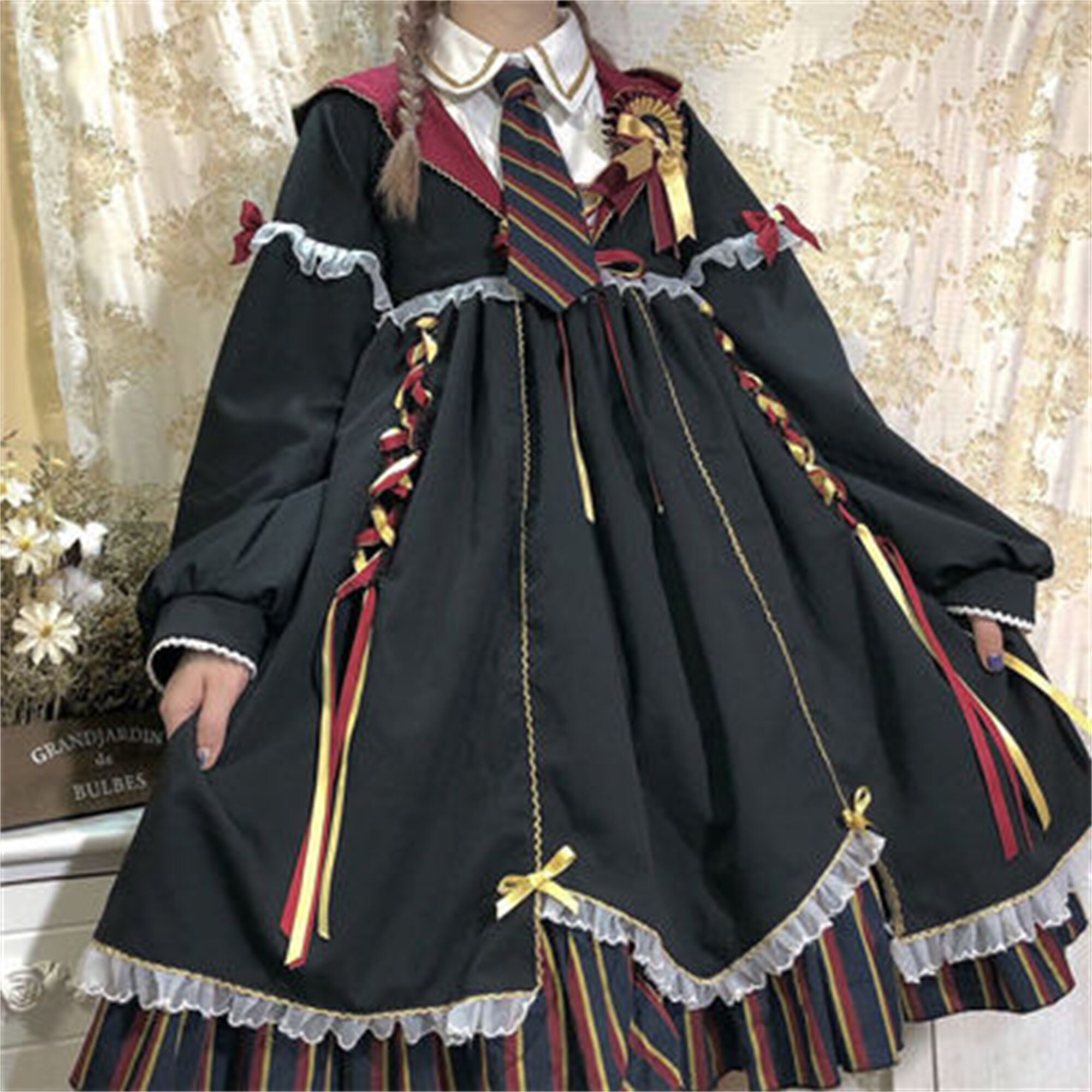 Sweet Dark Lolita Dress Vintage Loose Long Sleeved Dress Women's Campus Style Dress Gothic Witch Dress Japanese Lolita Classic Dress