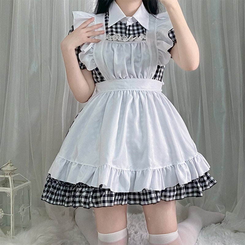 Sweet Kawaii Plaid Maid Dress Lolita Style Maid Dress Cute Dress Schoolgirl Anime Cosplay Cafe Maid Dress Gift For Girls