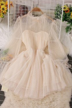 Sweet Korean Style Polka Dot Women's Mini Dress Transparent Long Sleeve Party Dress A Line High Waist Elegant Princess Ball Gown
