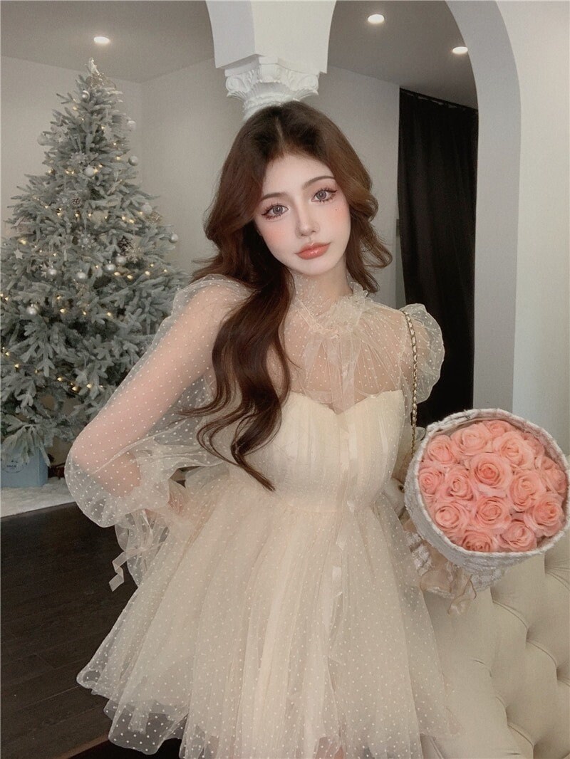 Sweet Korean Style Polka Dot Women's Mini Dress Transparent Long Sleeve Party Dress A Line High Waist Elegant Princess Ball Gown