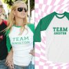 Team Aniston Green And White Raglan Baseball Tee