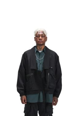 Techwear Tactical Black Cargo Jacket For Men Streetwear Urban Fashion Casual Oversized Fit Windbreaker