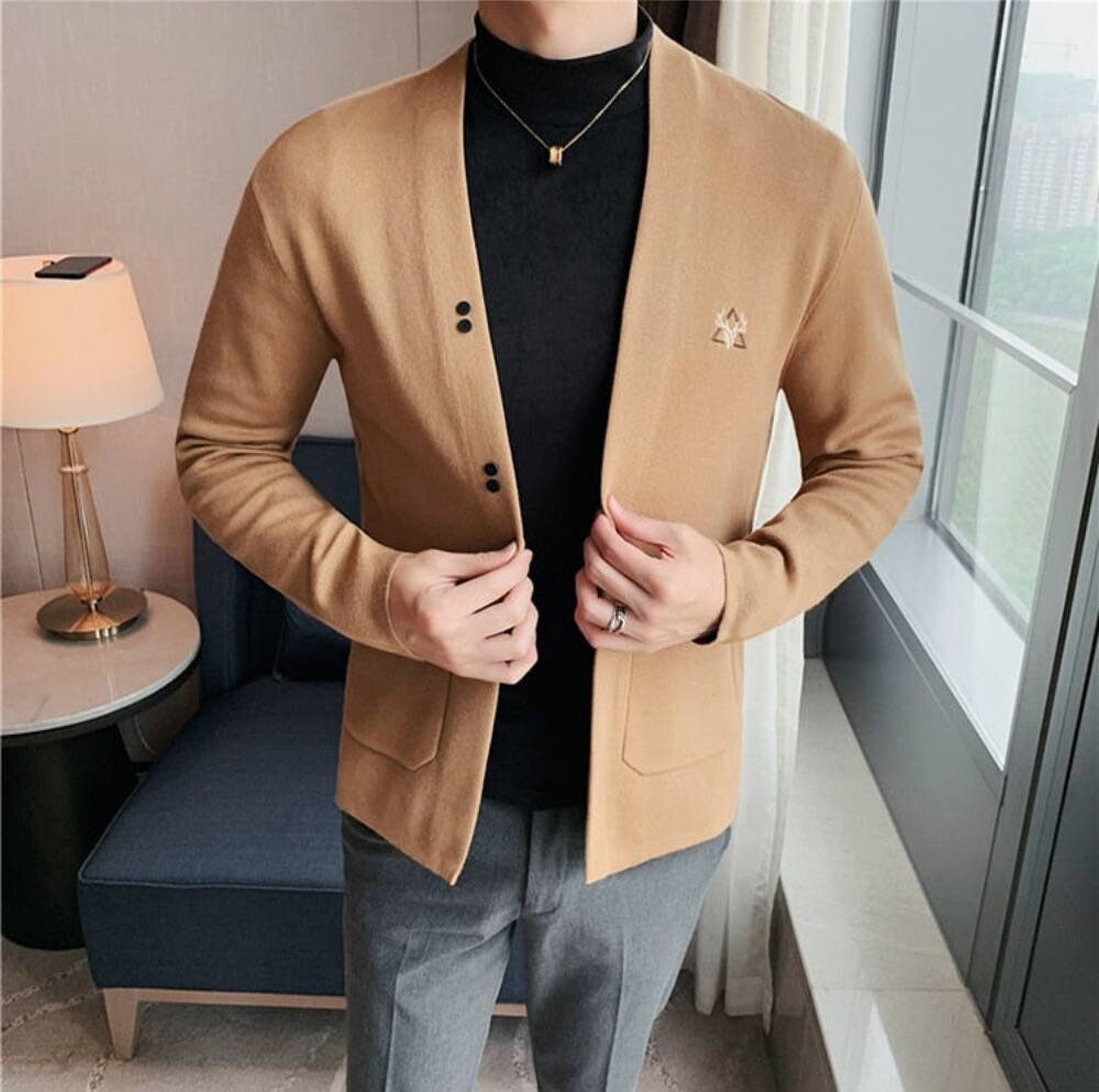 The Scholar � Men's Designer Knitted Business Casual Cardigan Embroidered Slim Fit Casual Sweater