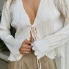 Tie Front Frill Top Blouse Women Pleated Blouses Silky Blouses Front Tie Top Y2k Top Long Dupe Top Front Tie Long Sleeved Top