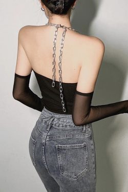 Transparent Halter Chain Bodycon Thong Bodysuit Ravewear Streetwear Clubwear Retro Lolita Vintage Sexy Y2k Korean
