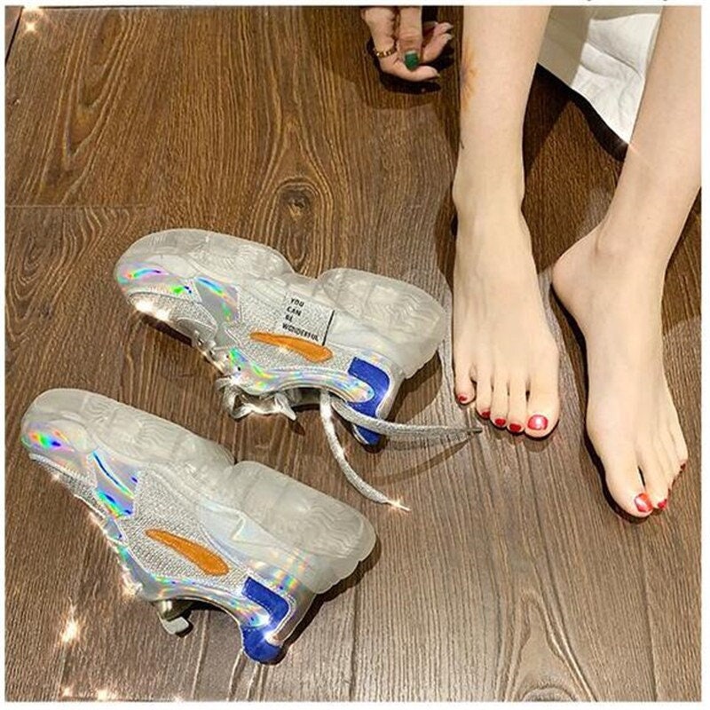 Trend Transparent Sneakers Harajuku Platform Shoes Laser Rainbow Cute Lovely Daily All Match Jelly Casual Shoes Shining Shoes Running Shoes