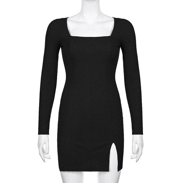 Trendy Aesthetic Ribbed Square Neck Black Dress For Women