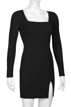 Trendy Aesthetic Ribbed Square Neck Black Dress For Women
