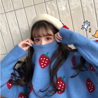 Trendy Brown Spring Women "Strawberry" Hoodie Sweater Embroidery Casual Sweatshirt Pullover Grilfriend Strick Oversized O Neck Y2k