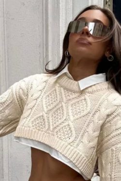 Trendy Cropped Long Sleeve Knitted Spring Women Hoodie Sweater Sweatshirt Pullover Grilfriend Gift Strick Oversized O Neck Y2k Grün