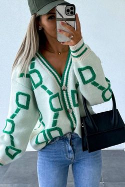 Trendy Striped Knit Cardigan Sweater Sweatshirt Pullover Strick Oversized Y2k Women Thick Chess Winter Knitted Vintage V Neck Autumn Jumpers