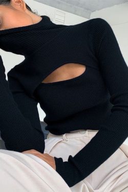 Turtleneck Hollow Out Pullover Sweater With Long Sleeve
