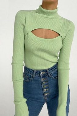 Turtleneck Hollow Out Pullover Sweater With Long Sleeve