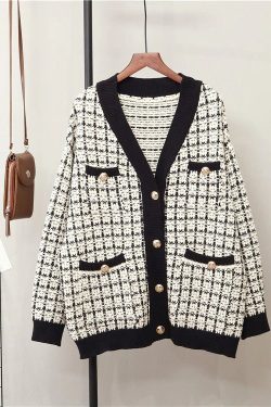 Tweed Design Cardigan Women Plaid Jacket Statement Gold Buttons Chunky Knit Loose Pocket V Neck Long Sleeve