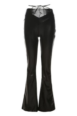 V Waist Faux Leather Flare Pants In Black
